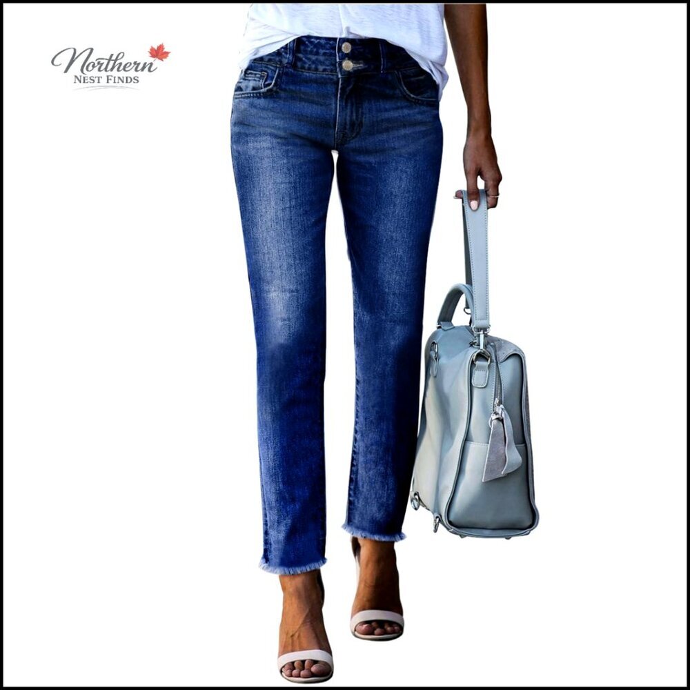 High Waisted Straight Leg Jeans with Stretch Raw Hem Pockets